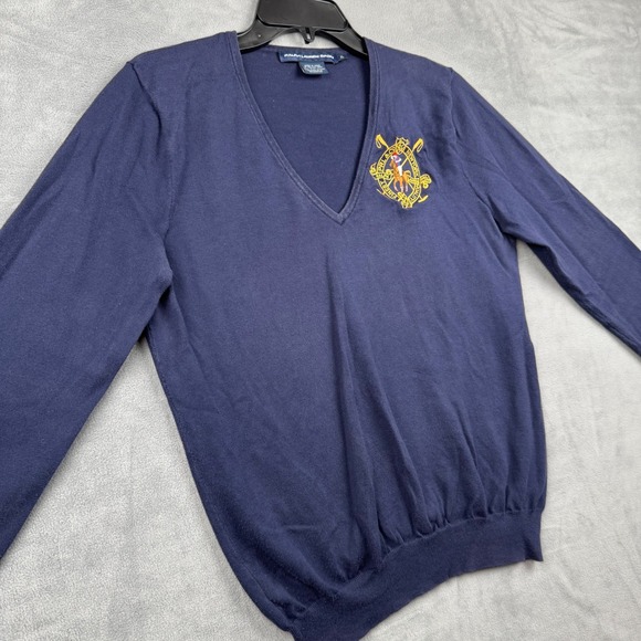 Ralph Lauren Sport Navy V-Neck Crest Logo Sweater XL 100% Pima Cotton - Picture 3 of 8